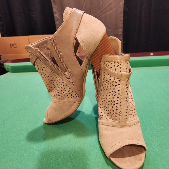 JustFab Tan Peep-Toe Ankle Boots - Picture 3 of 5